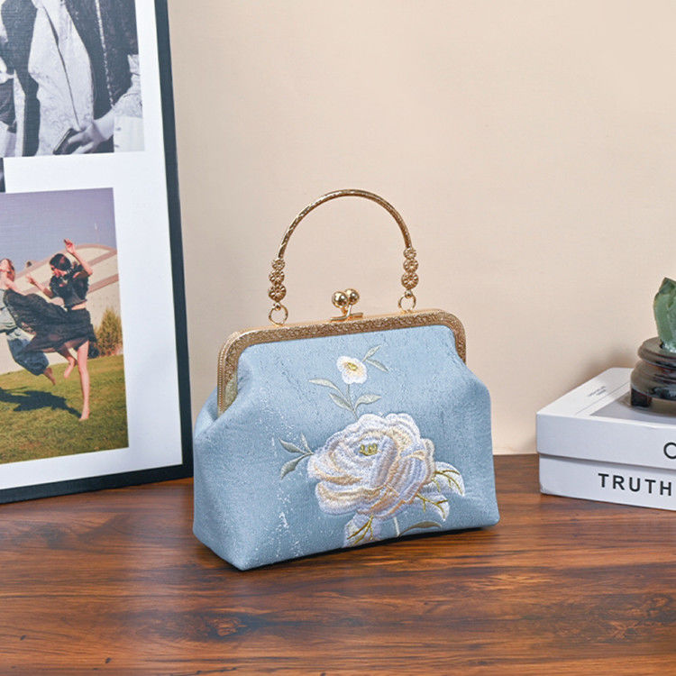 Blue Embroidered Silk Clutch