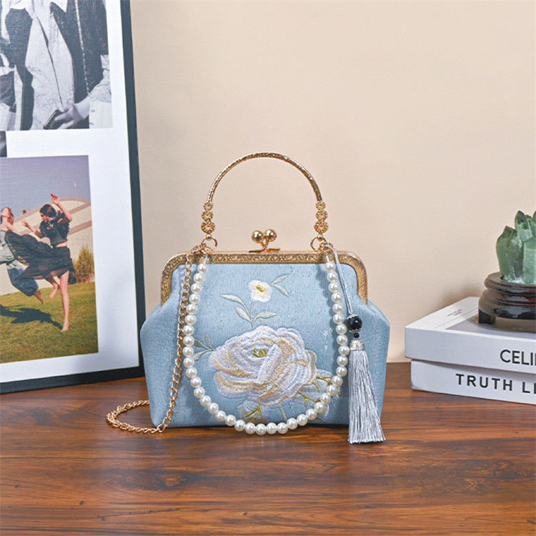 Blue Embroidered Silk Clutch