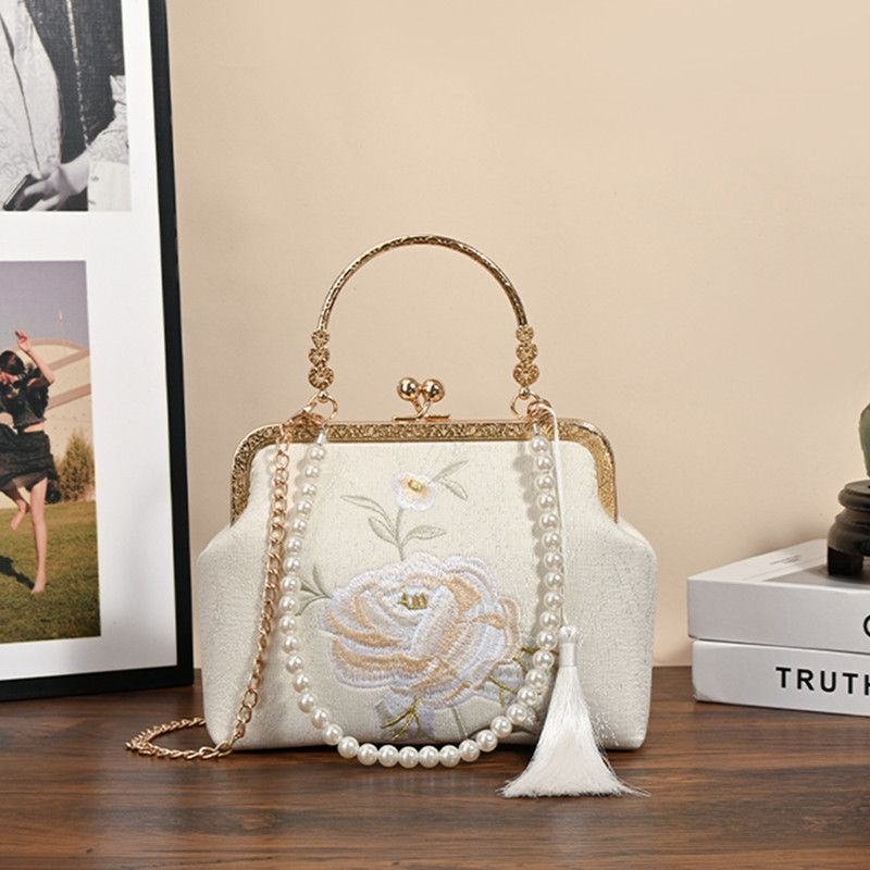 White Embroidered Silk Clutch