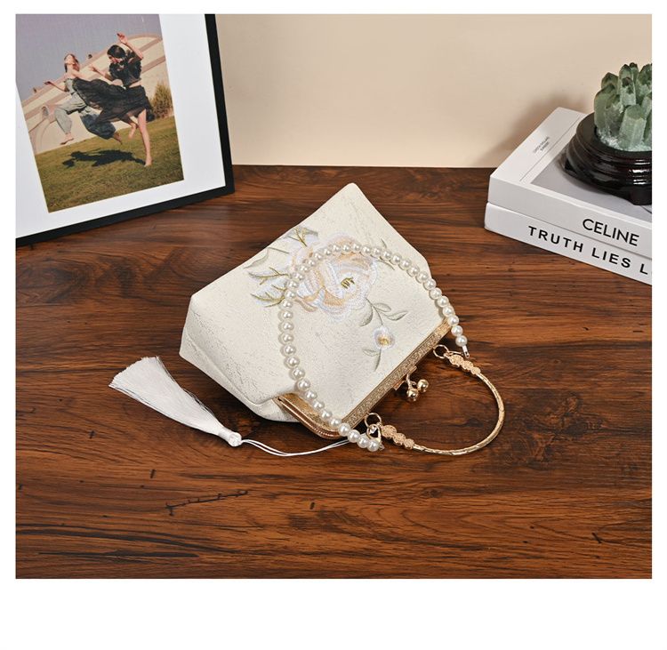 White Embroidered Silk Clutch