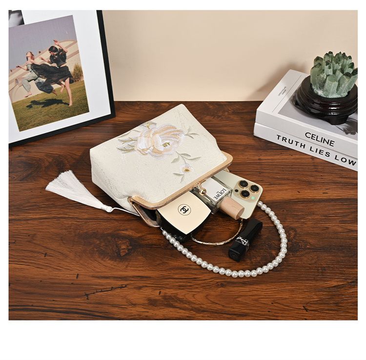 White Embroidered Silk Clutch