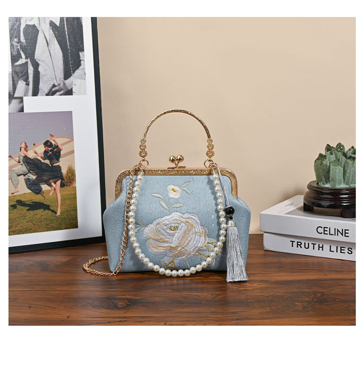 Blue Embroidered Silk Clutch