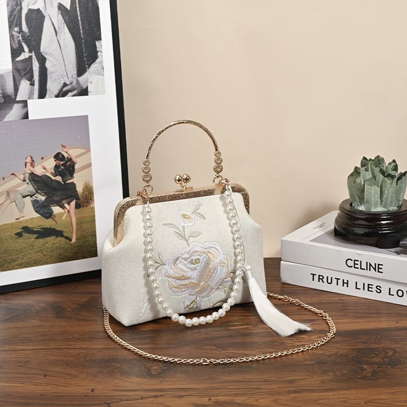 White Embroidered Silk Clutch