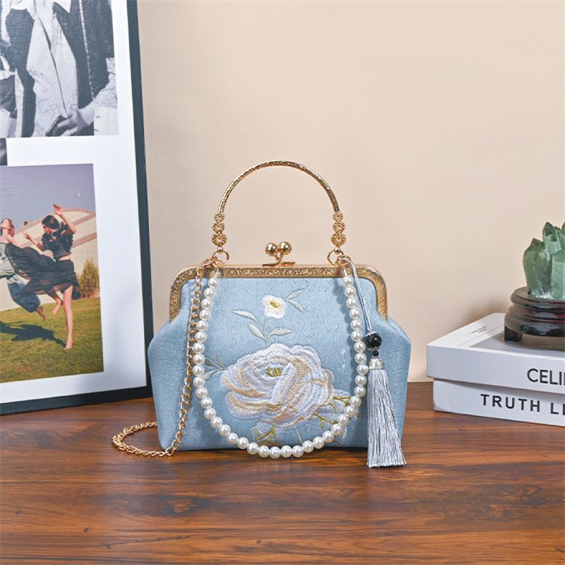 Blue Embroidered Silk Clutch
