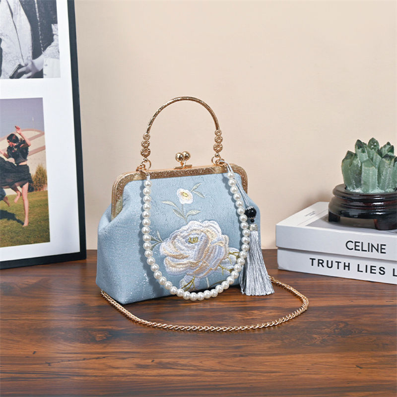 Blue Embroidered Silk Clutch