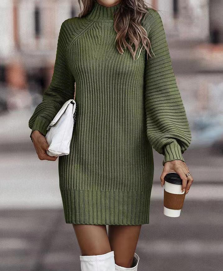 Long Sleeve Turtleneck Knitted Dress - Green