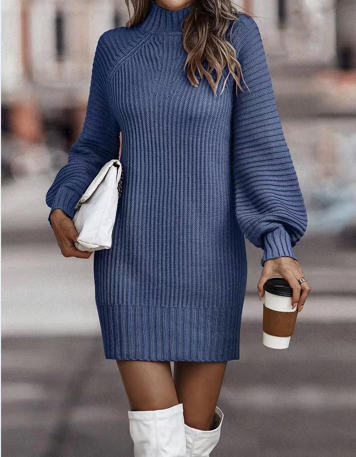 Long Sleeve Turtleneck Knitted Dress - Blue