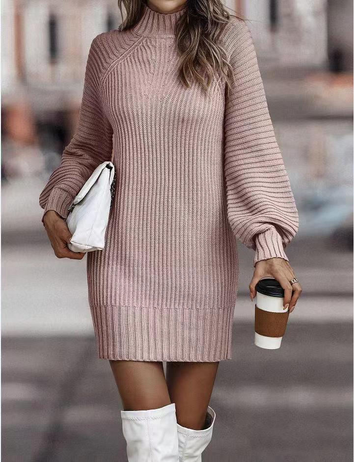 Long Sleeve Turtleneck Knitted Dress - Pink
