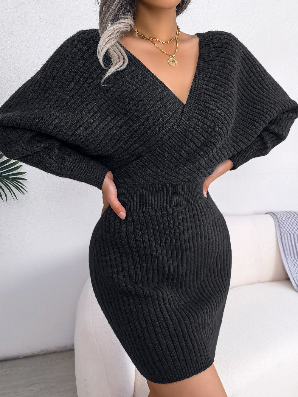 V Neck Wrap Knitted Dress - Black