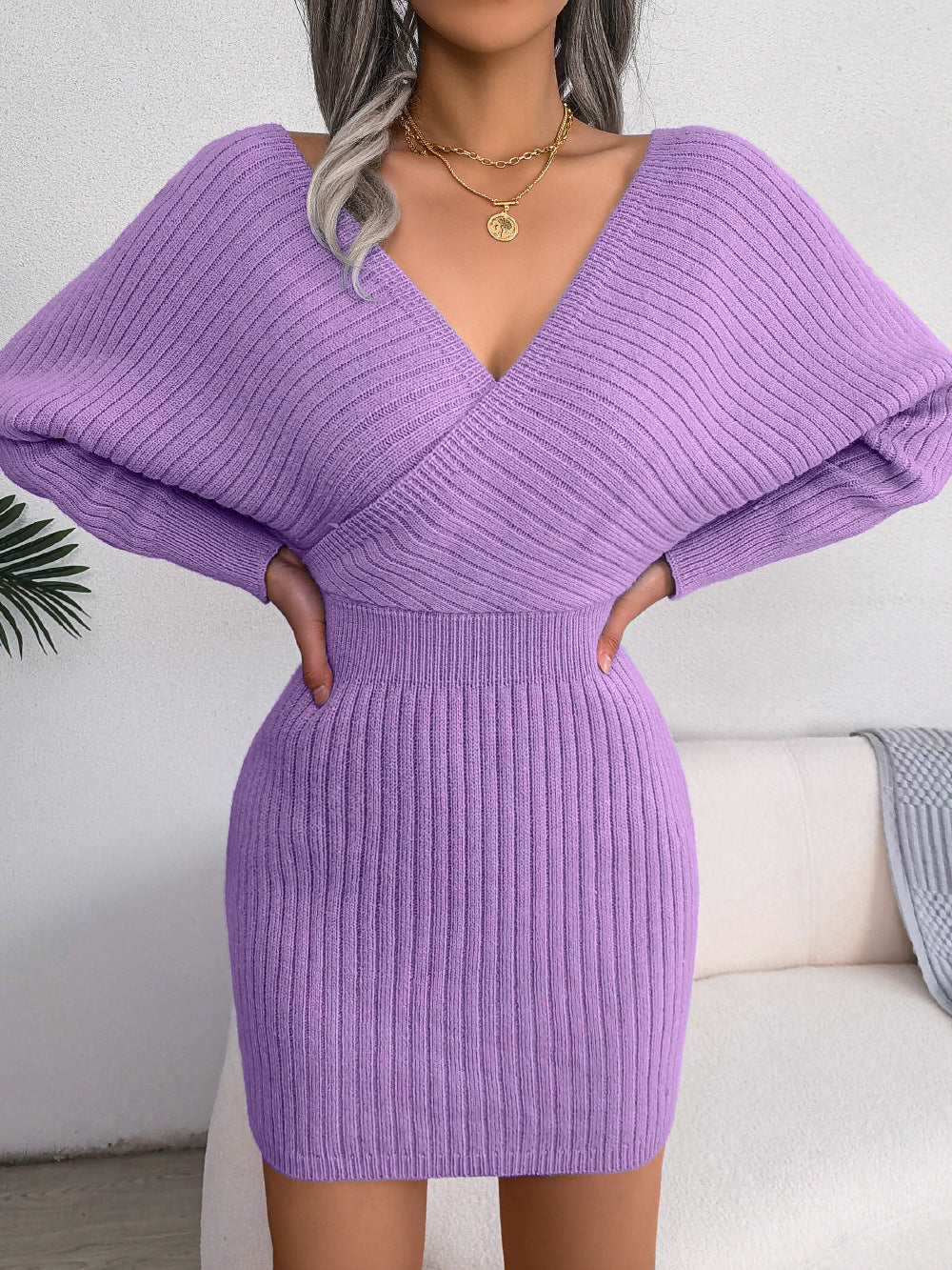 V Neck Wrap Knitted Dress - Purple