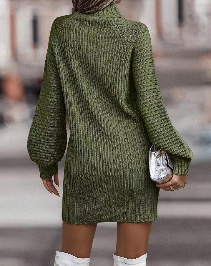 Long Sleeve Turtleneck Knitted Dress - Green