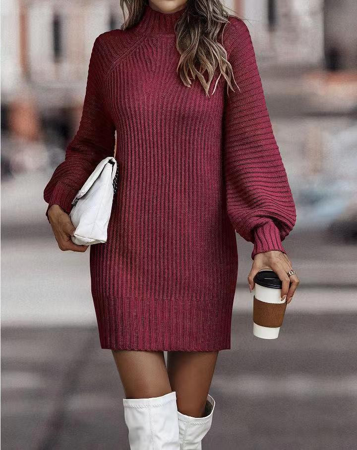 Long Sleeve Turtleneck Knitted Dress - Burgundy