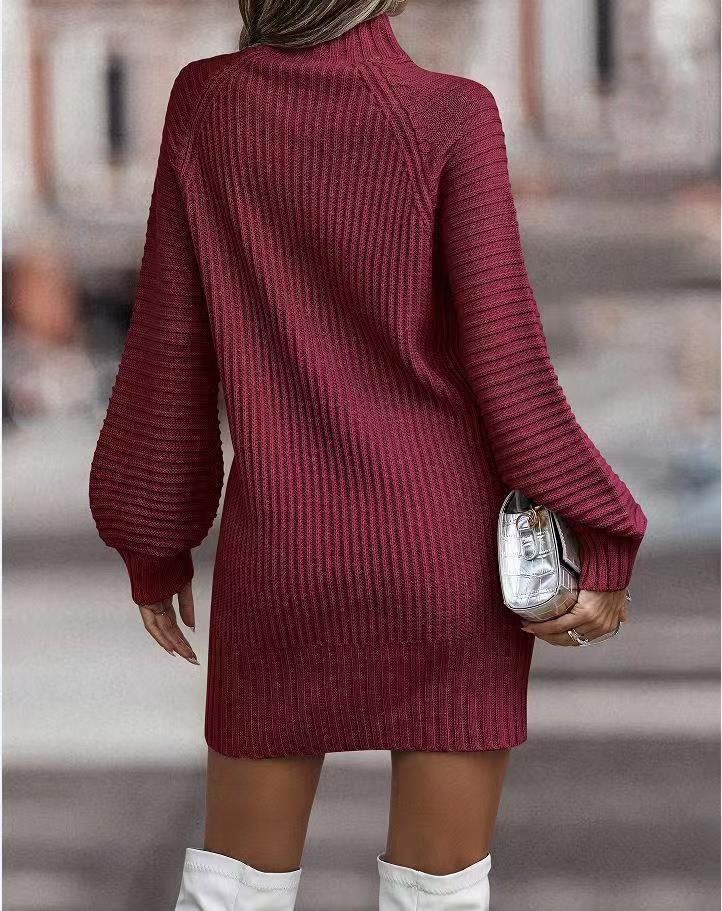 Long Sleeve Turtleneck Knitted Dress - Burgundy