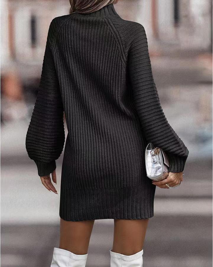 Long Sleeve Turtleneck Knitted Dress - Black