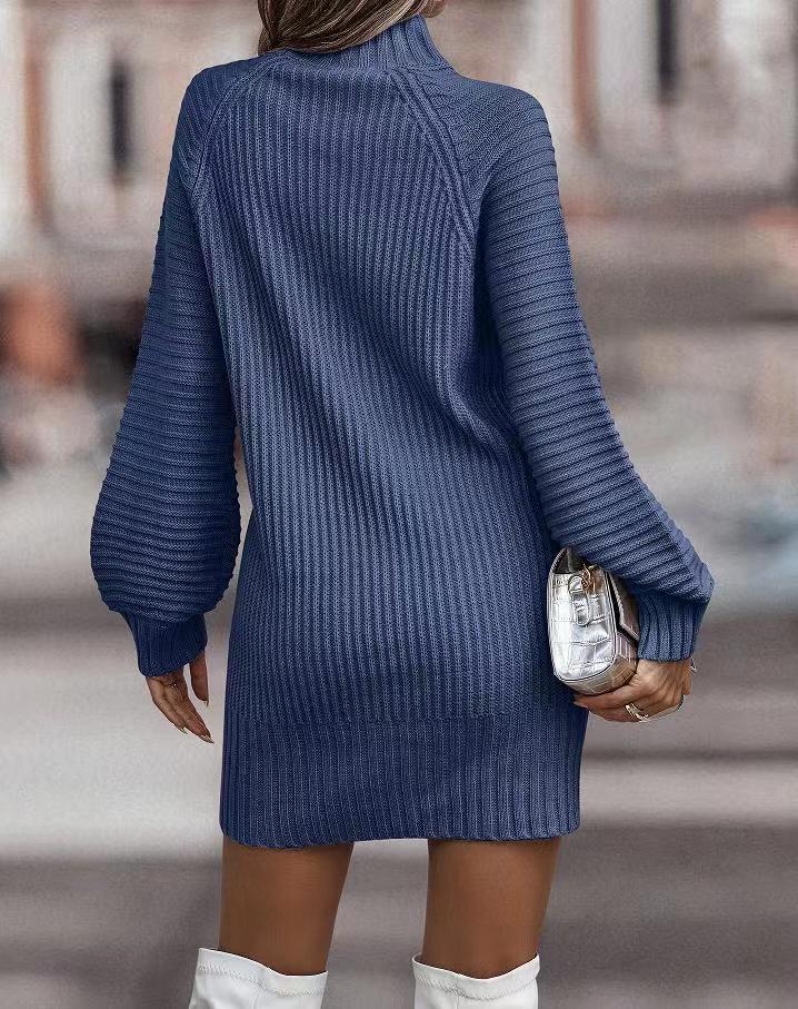 Long Sleeve Turtleneck Knitted Dress - Blue