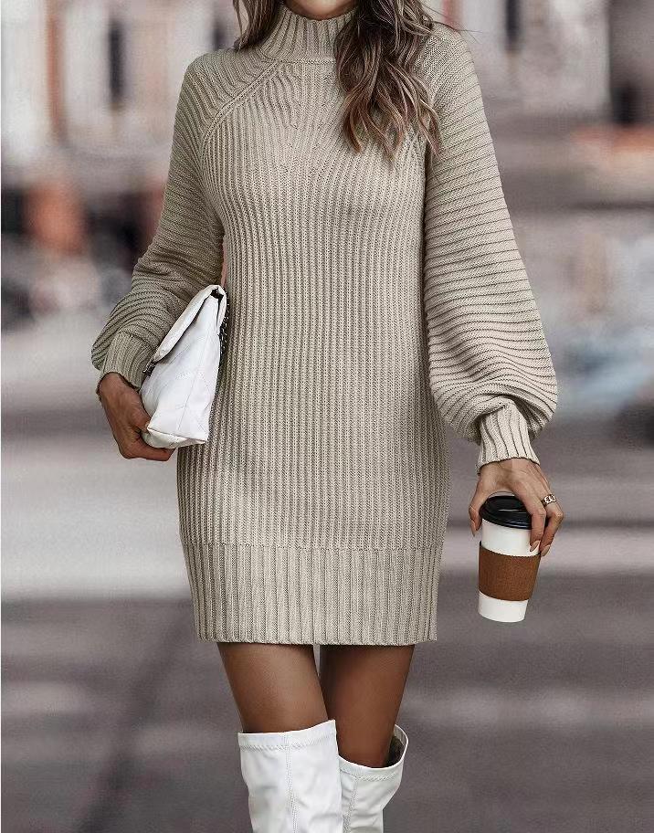 Long Sleeve Turtleneck Knitted Dress - Ivory