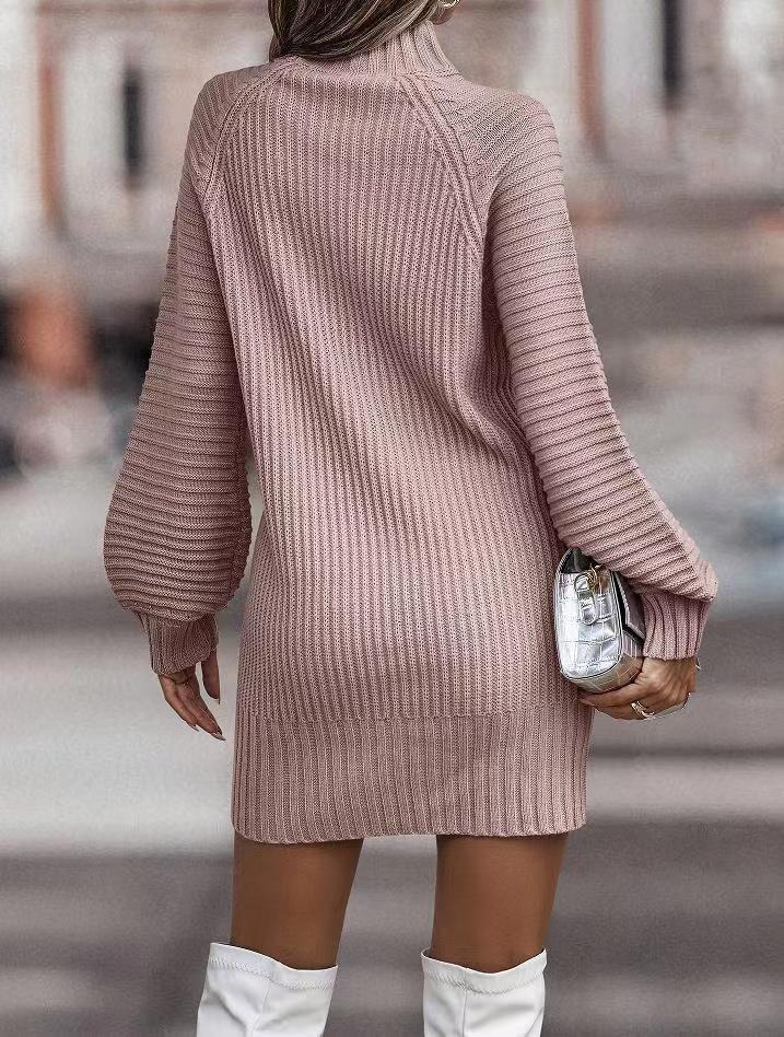 Long Sleeve Turtleneck Knitted Dress - Pink