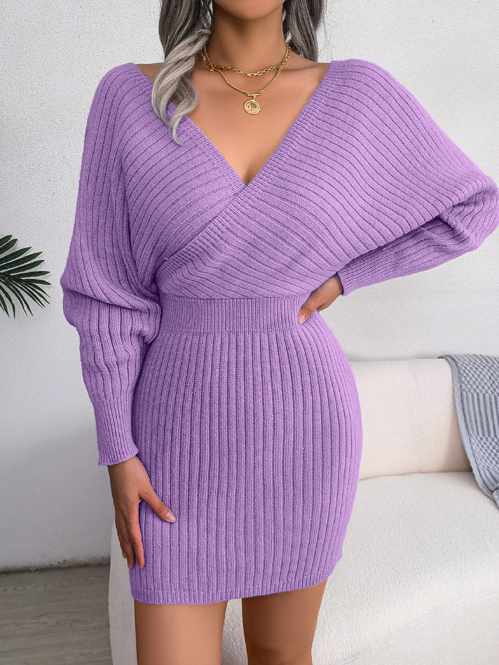 V Neck Wrap Knitted Dress - Purple