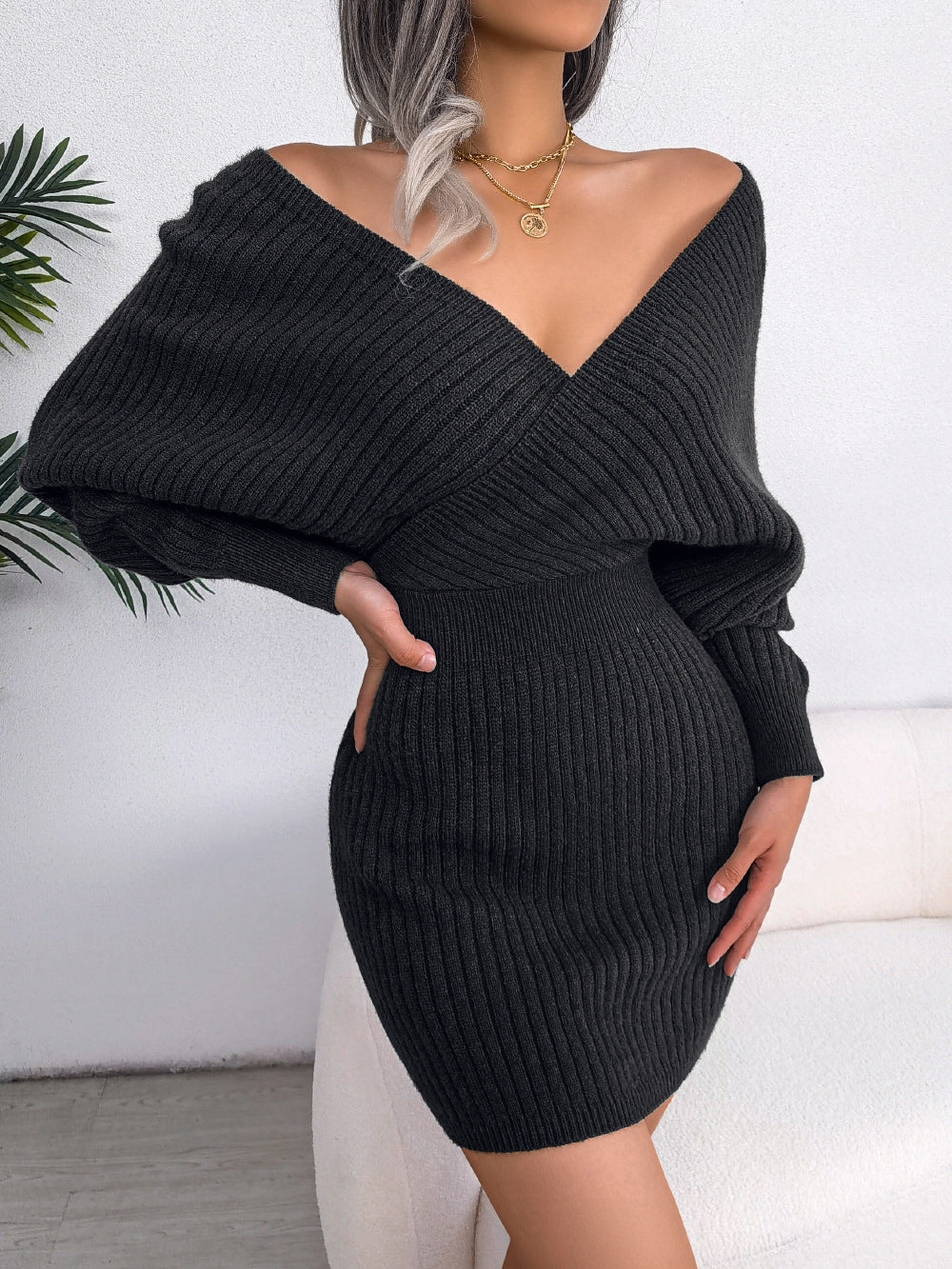V Neck Wrap Knitted Dress - Black